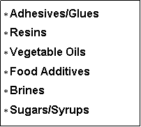 Text Box: Adhesives/GluesResinsVegetable OilsFood AdditivesBrinesSugars/Syrups